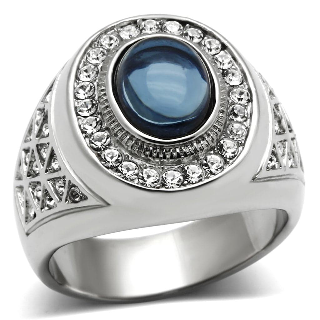 Stainless Steel Blue Stone Oval Halo CZ Pave Mens Signet Ring