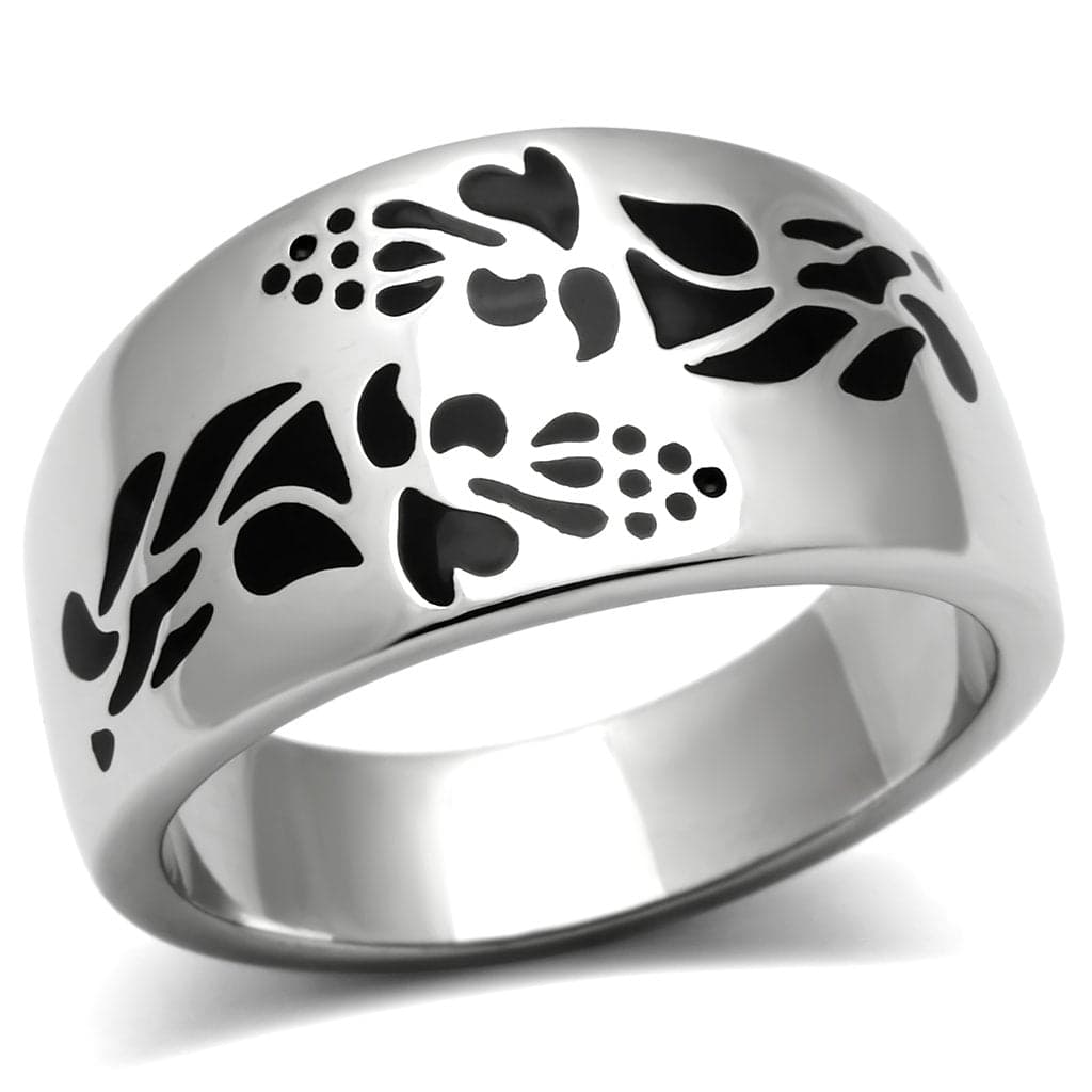 Stainless Steel Silver Black Enamel Floral Heart Cutout Wide Ring