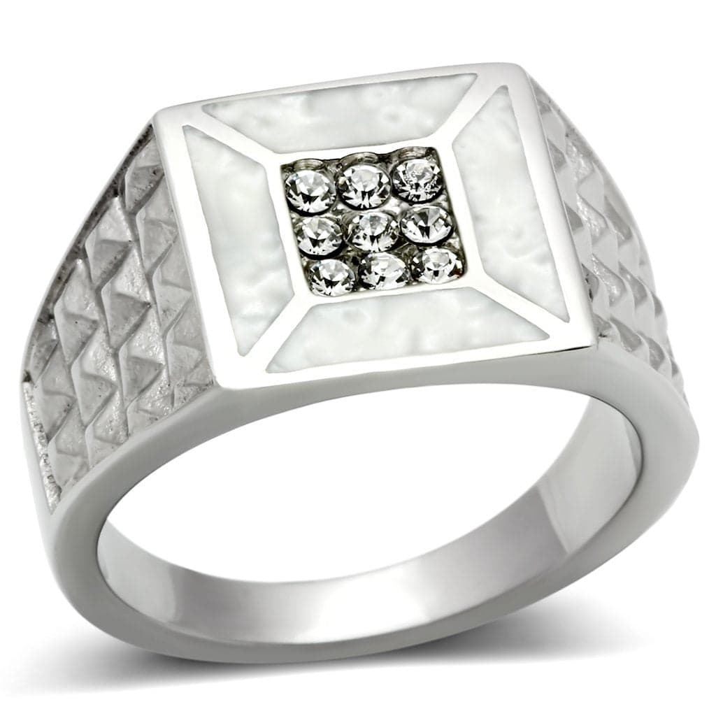 Stainless Steel Silver CZ Pave Faceted Diamond Mens Signet Ring
