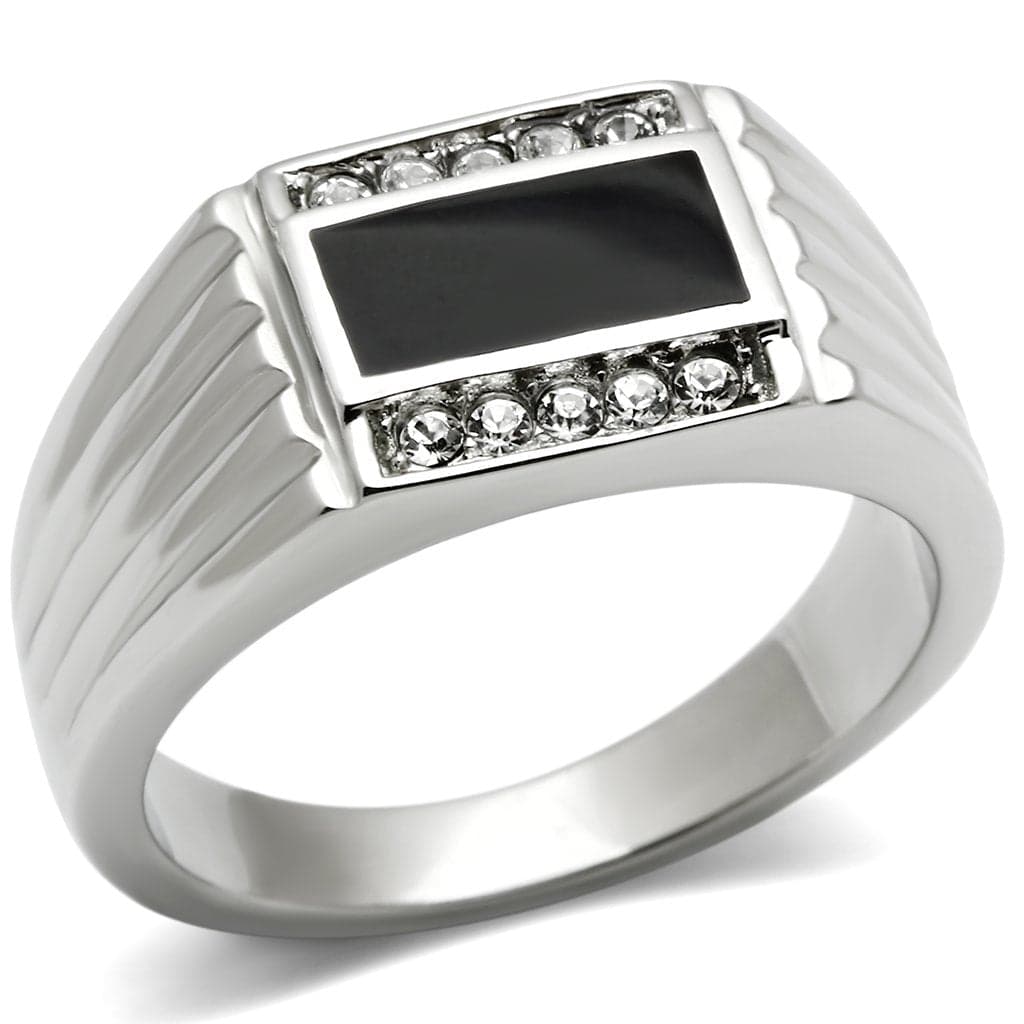 Stainless Steel Silver Black Onyx Rectangle CZ Bar Mens Ring