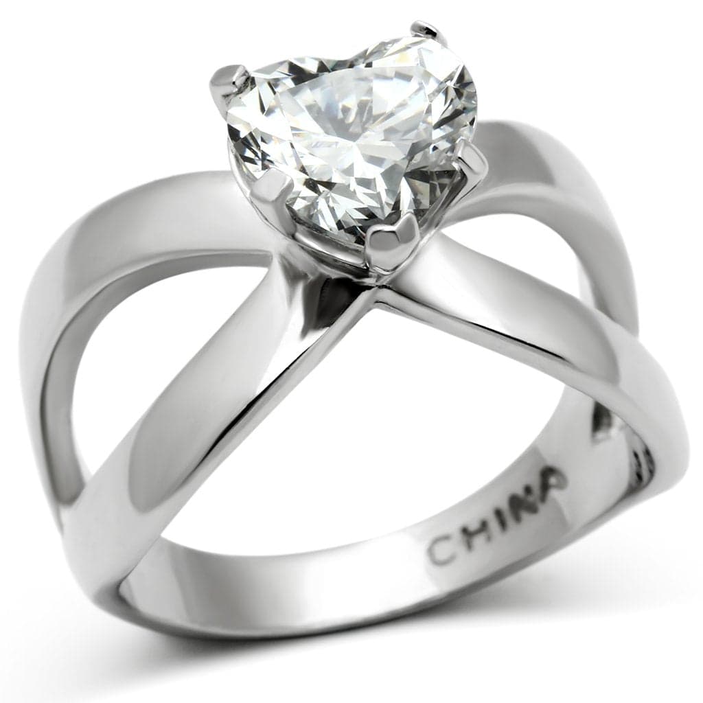 Stainless Steel Silver CZ Heart X Crossover Solitaire Ring