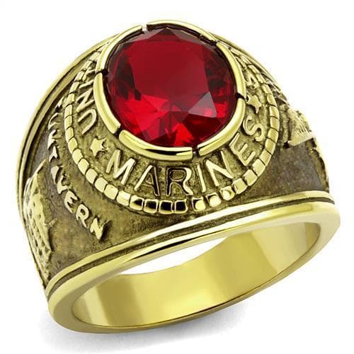Stainless Steel Gold IP US Marines Red CZ Veteran Military Ring