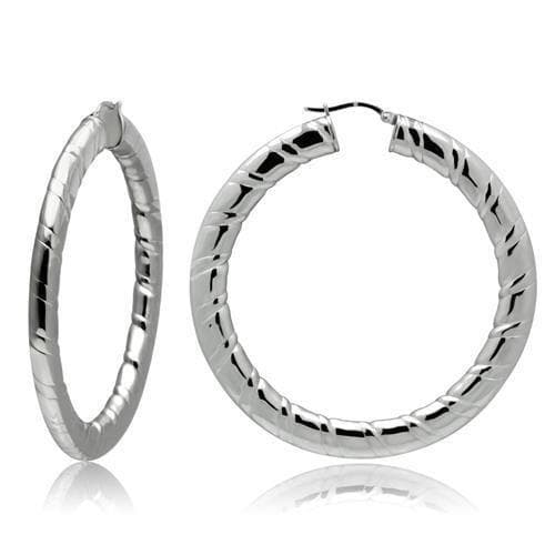 Stainless Steel Silver Polished Diamond Cut Medium Hoop Earrings