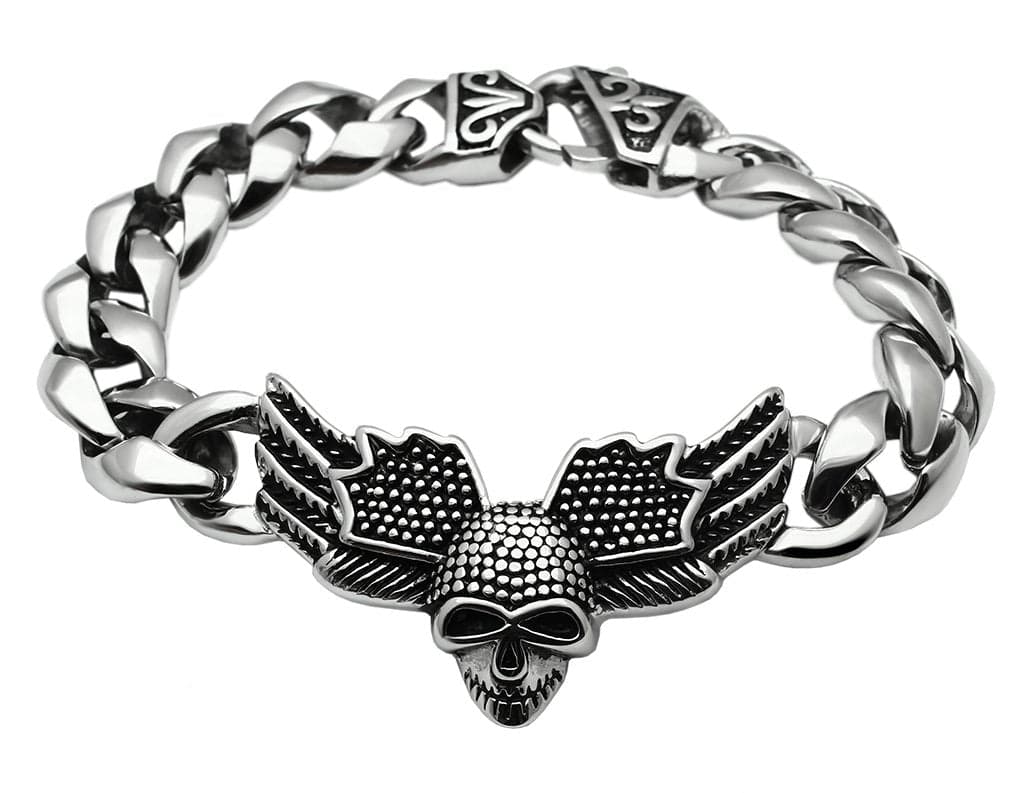Stainless Steel Silver Eagle Skull Cuban Chain Link Bracelet