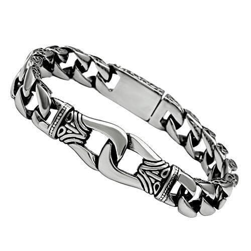 Stainless Steel Silver Scroll Carved ID Cuban Link Mens Bracelet