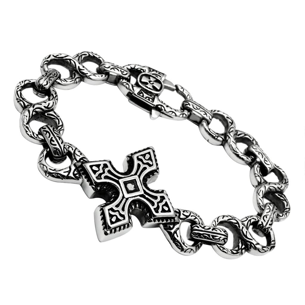 Stainless Steel Silver Celtic Cross Link Chain Mens Bracelet