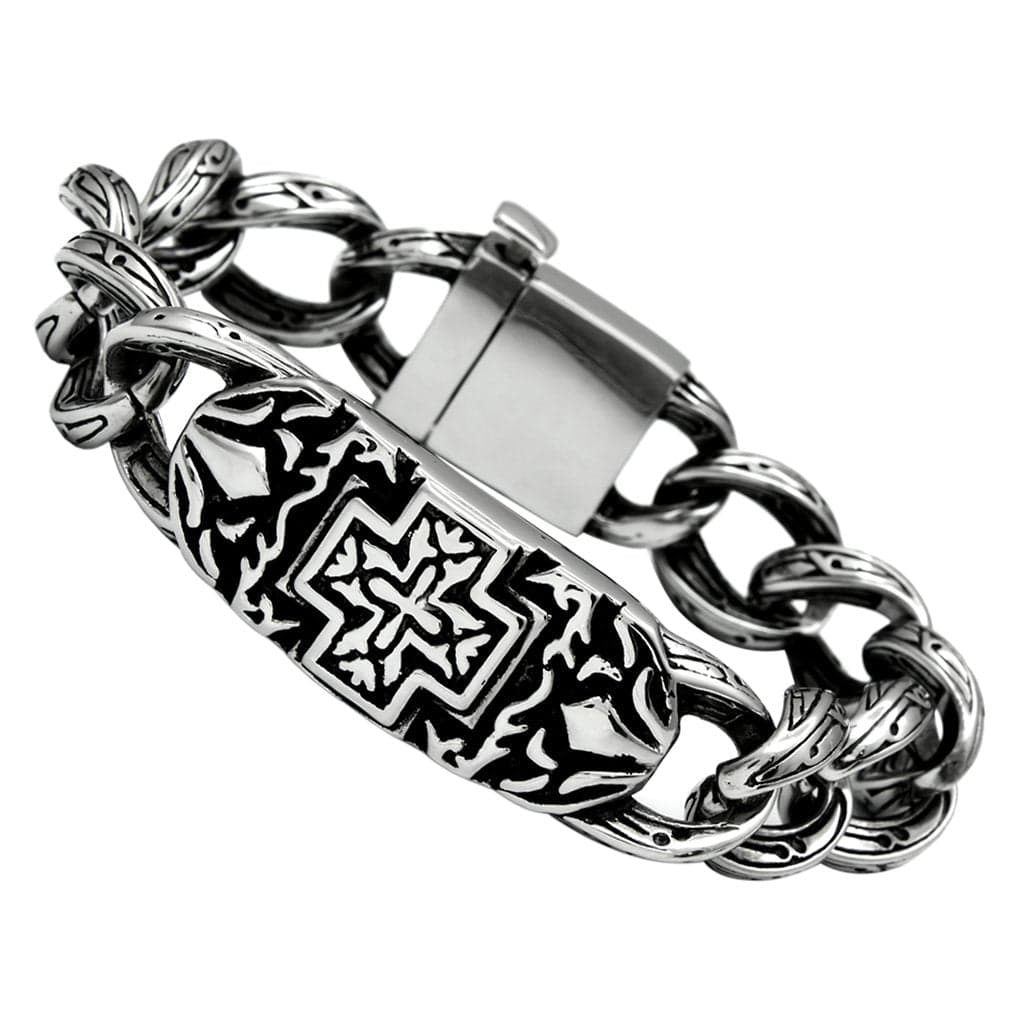 Stainless Steel Silver Celtic Cross ID Cuban Link Mens Bracelet