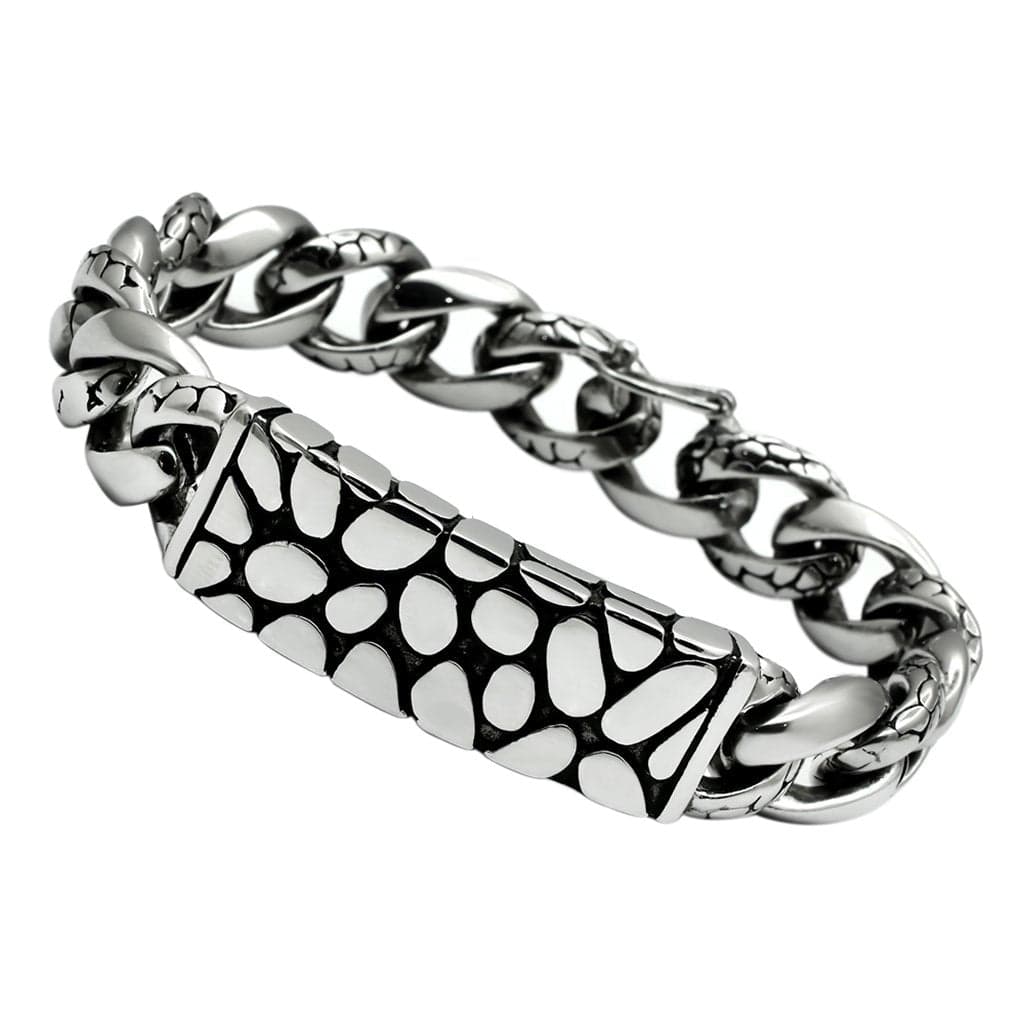 Stainless Steel Silver Pebble Pattern Cuban Link Mens Bracelet