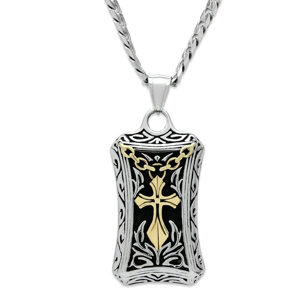 Stainless Steel Gold IP Cross Floral Carved Shield Pendant
