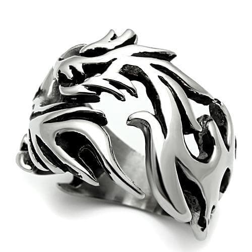 Stainless Steel Silver Dragon Flame Carved Biker Ring