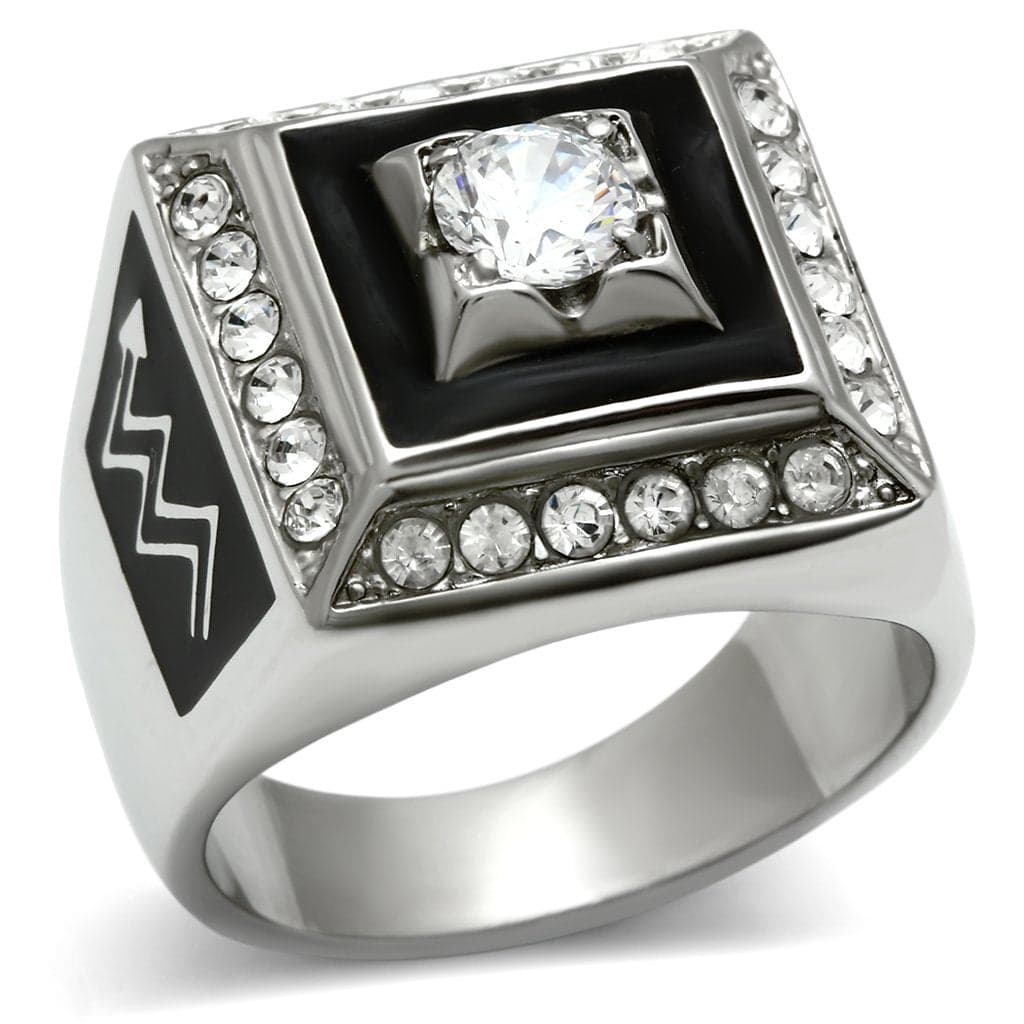Stainless Steel Silver CZ Round Black Enamel Lightning Ring