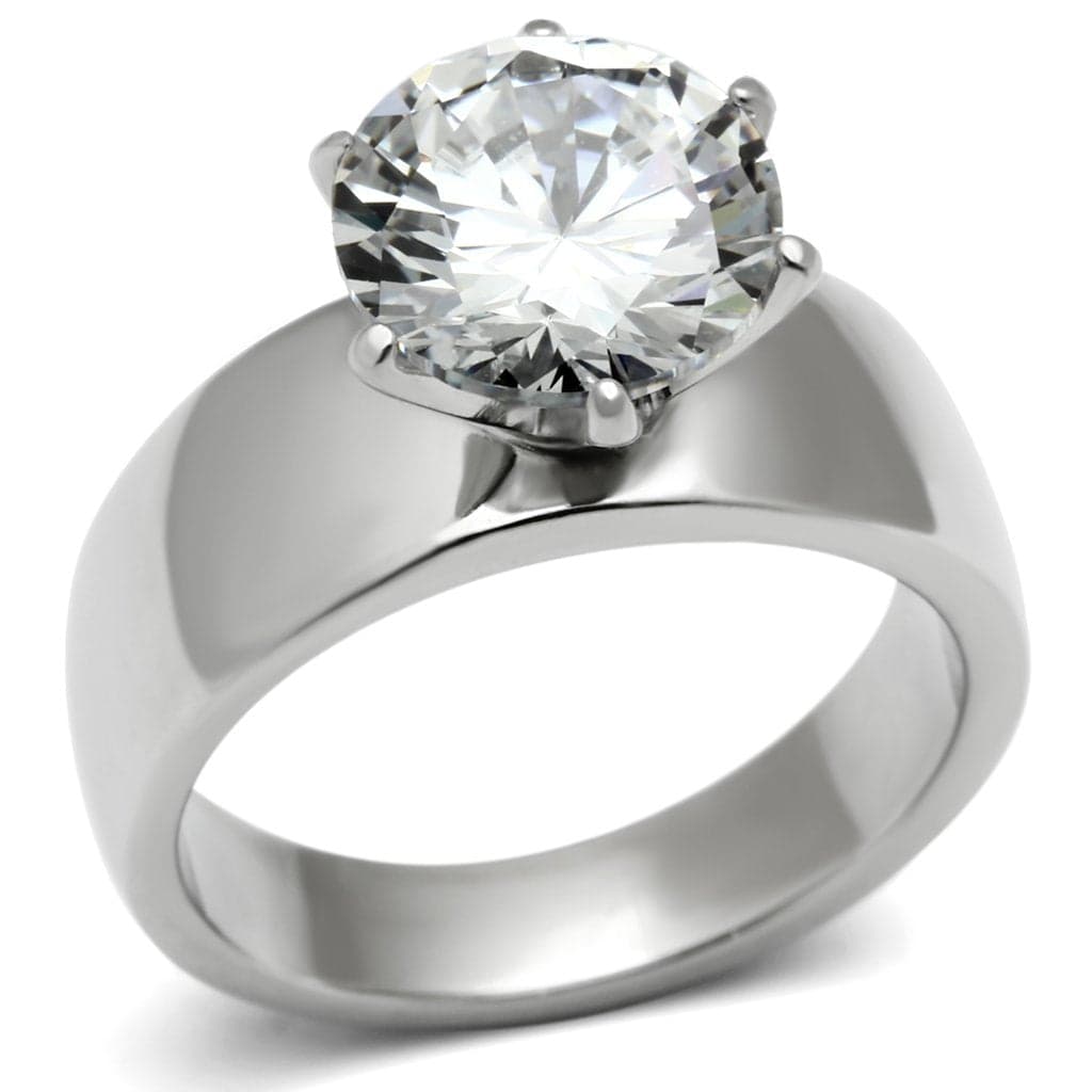 Stainless Steel Silver CZ Round Tall Prong Solitaire Wide Ring