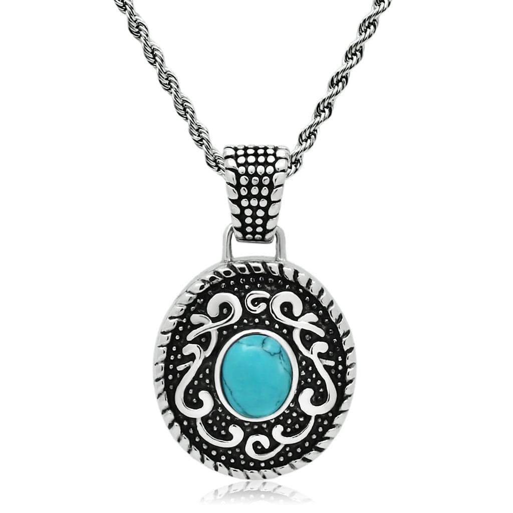 Stainless Steel Silver Turquoise Cabochon Scroll Round Necklace
