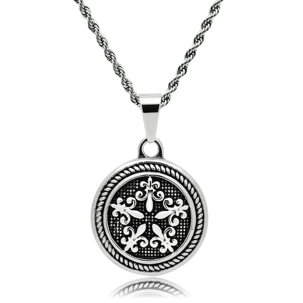 Stainless Steel Silver Compass Fleur De Lis Medallion Pendant