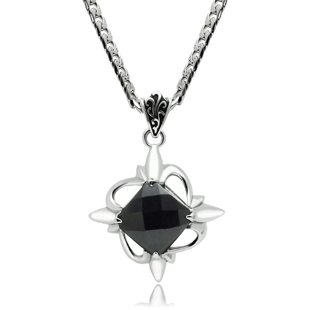 Stainless Steel Silver Black CZ Round Sunburst Prong Pendant