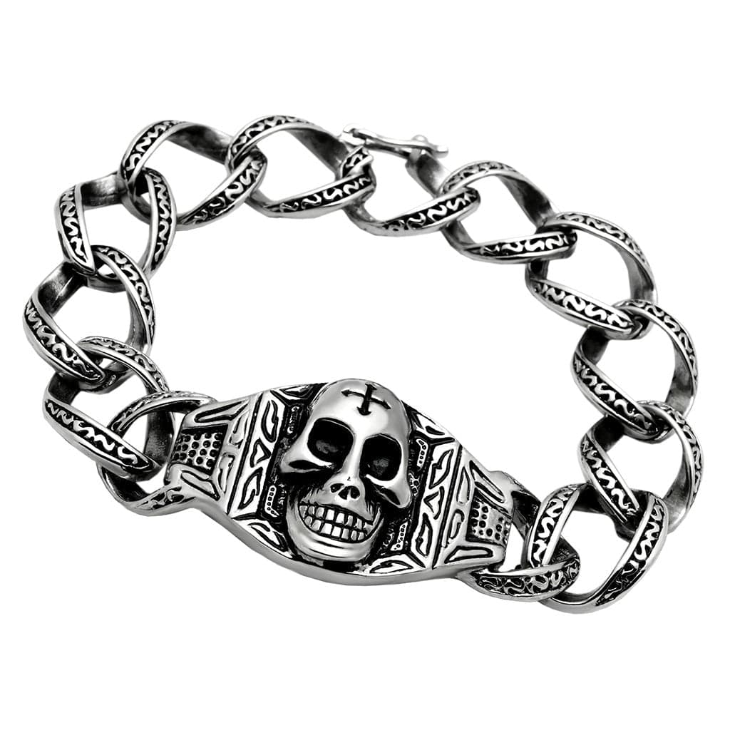 Stainless Steel Silver Winged Skull Curb Chain Biker Bracelet