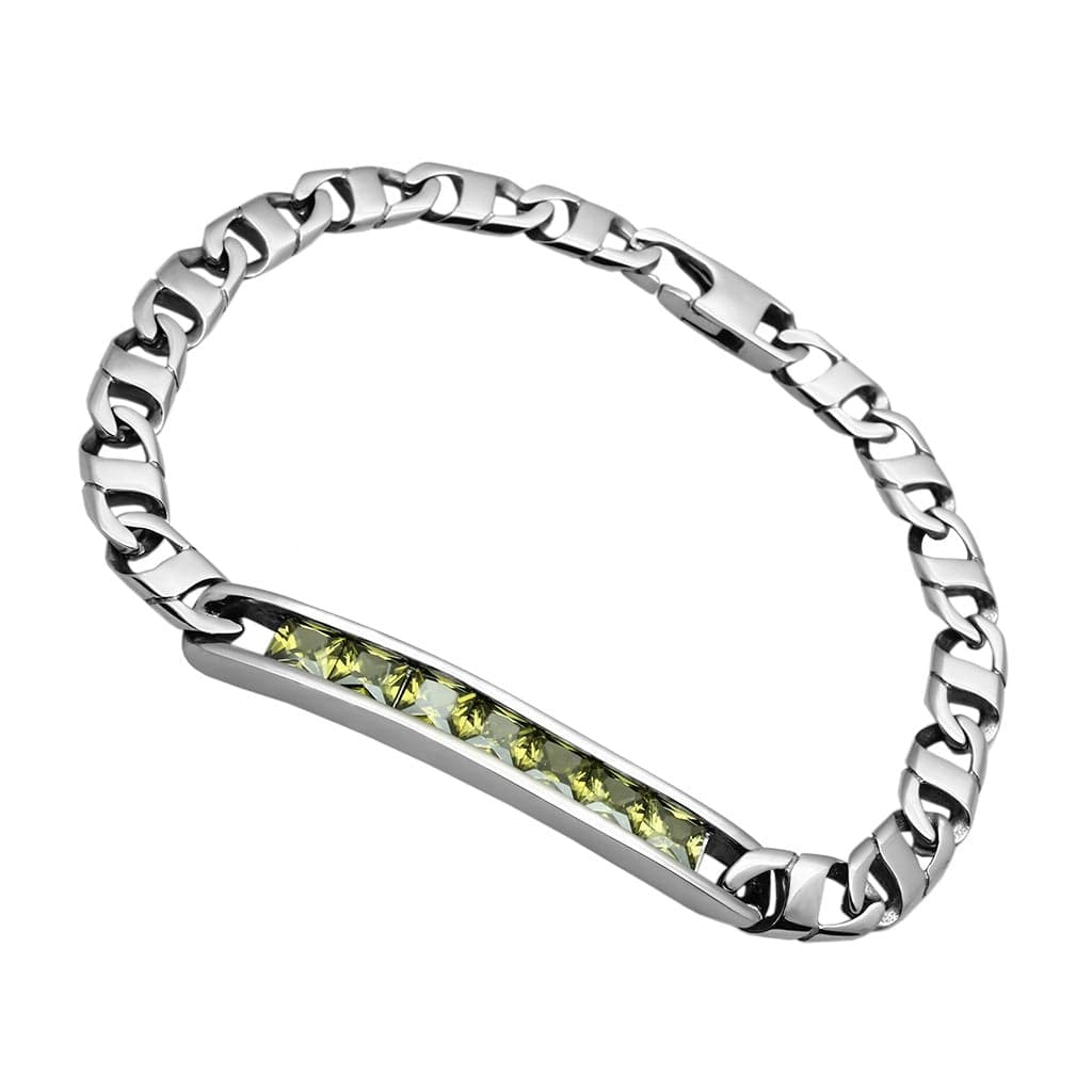 Stainless Steel Silver Green CZ ID Plate Figaro Chain Bracelet