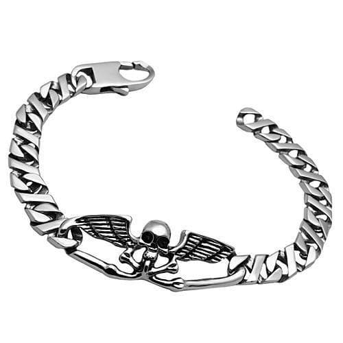 Stainless Steel Silver Winged Eagle Skull Curb Chain Bracelet