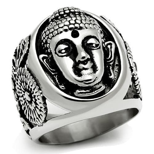 Stainless Steel Silver Buddha Face Oval Ornate Mens Signet Ring