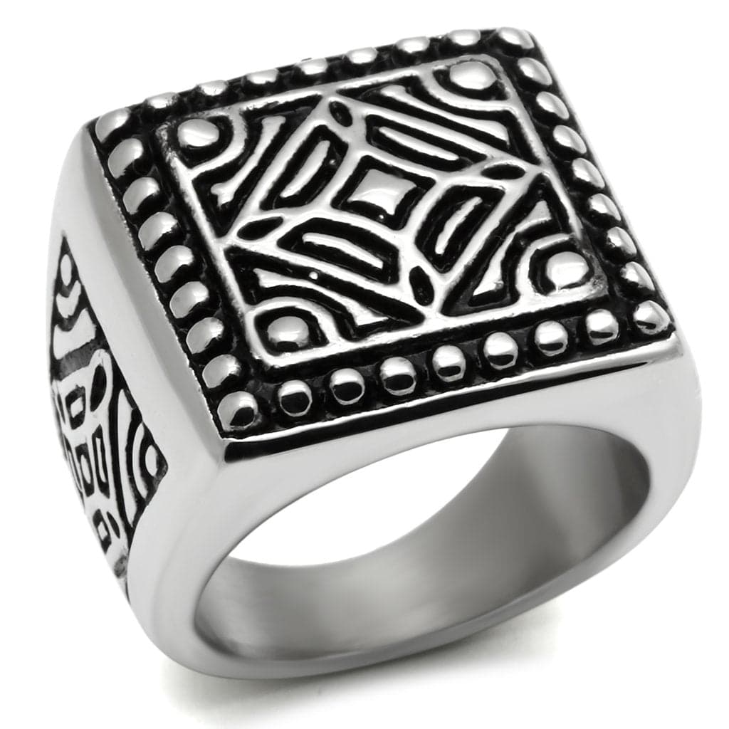 Stainless Steel Silver Geometric Tribal Carved Square Mens Ring