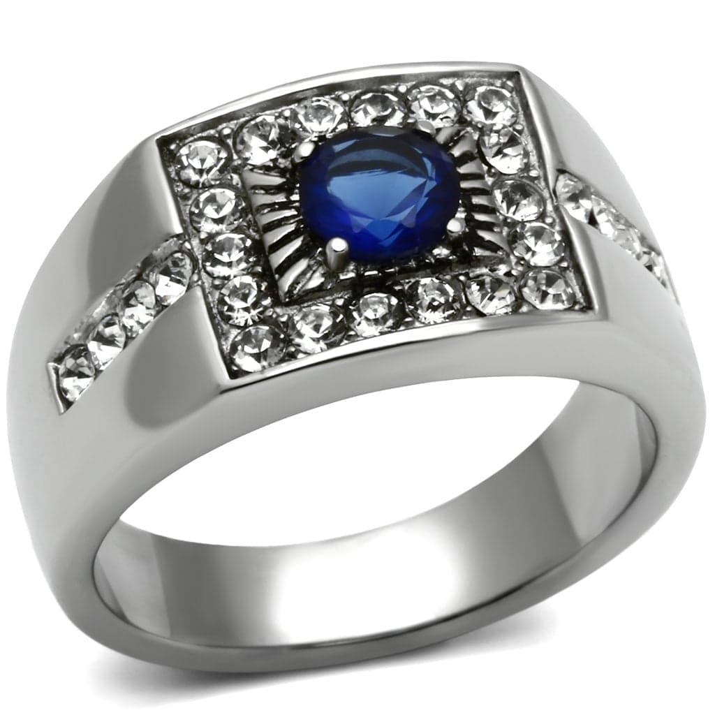 Stainless Steel Silver CZ Round Sapphire Halo Square Mens Ring