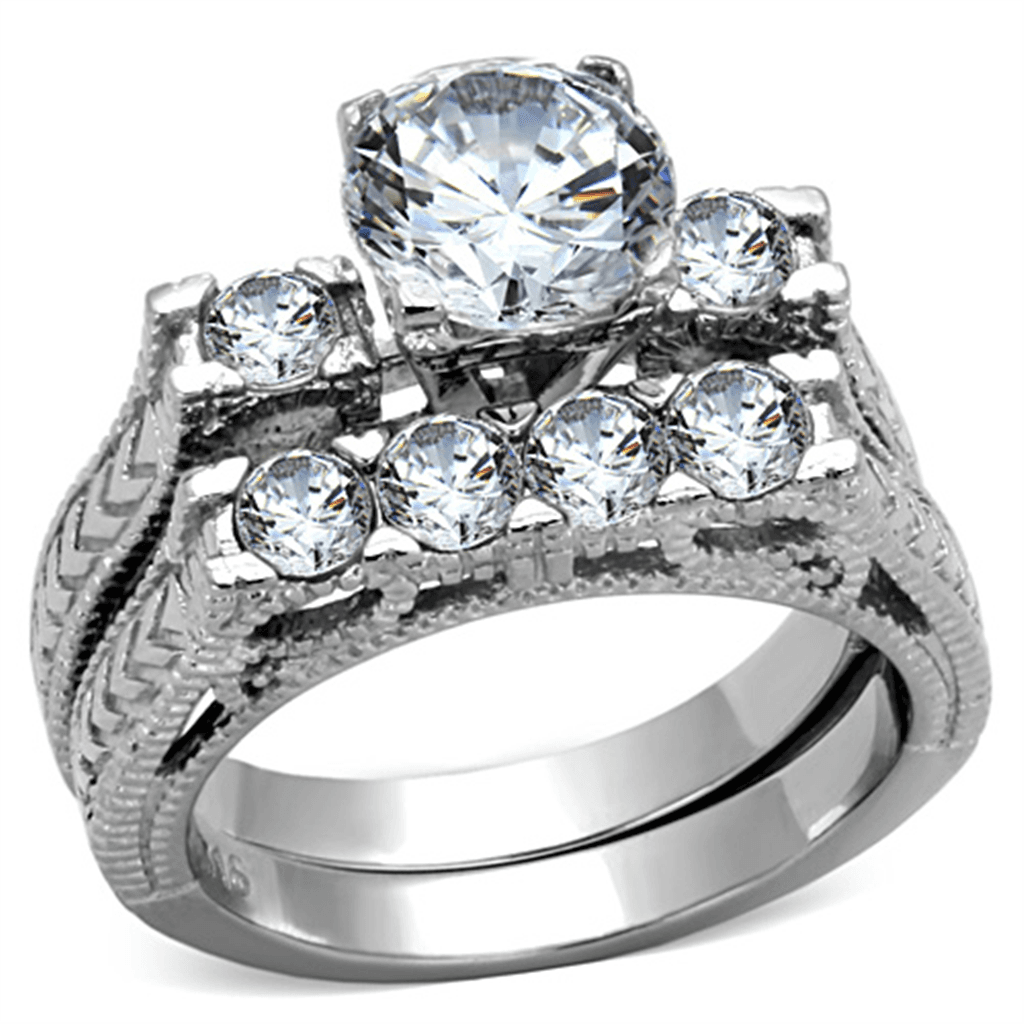 Stainless Steel Silver CZ Round Solitaire Three Ring Bridal Ring