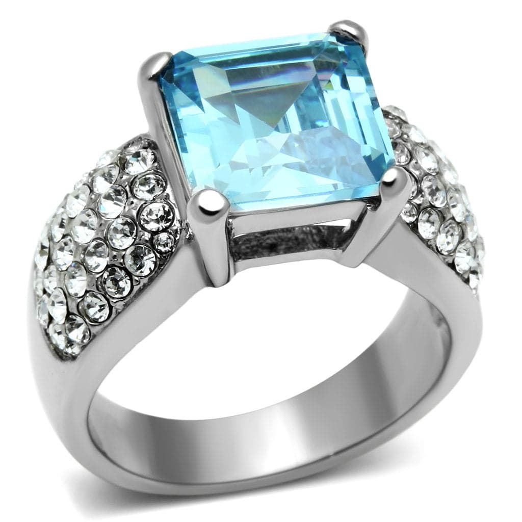 Stainless Steel Silver CZ Emerald Cut Aqua Pave Cocktail Ring