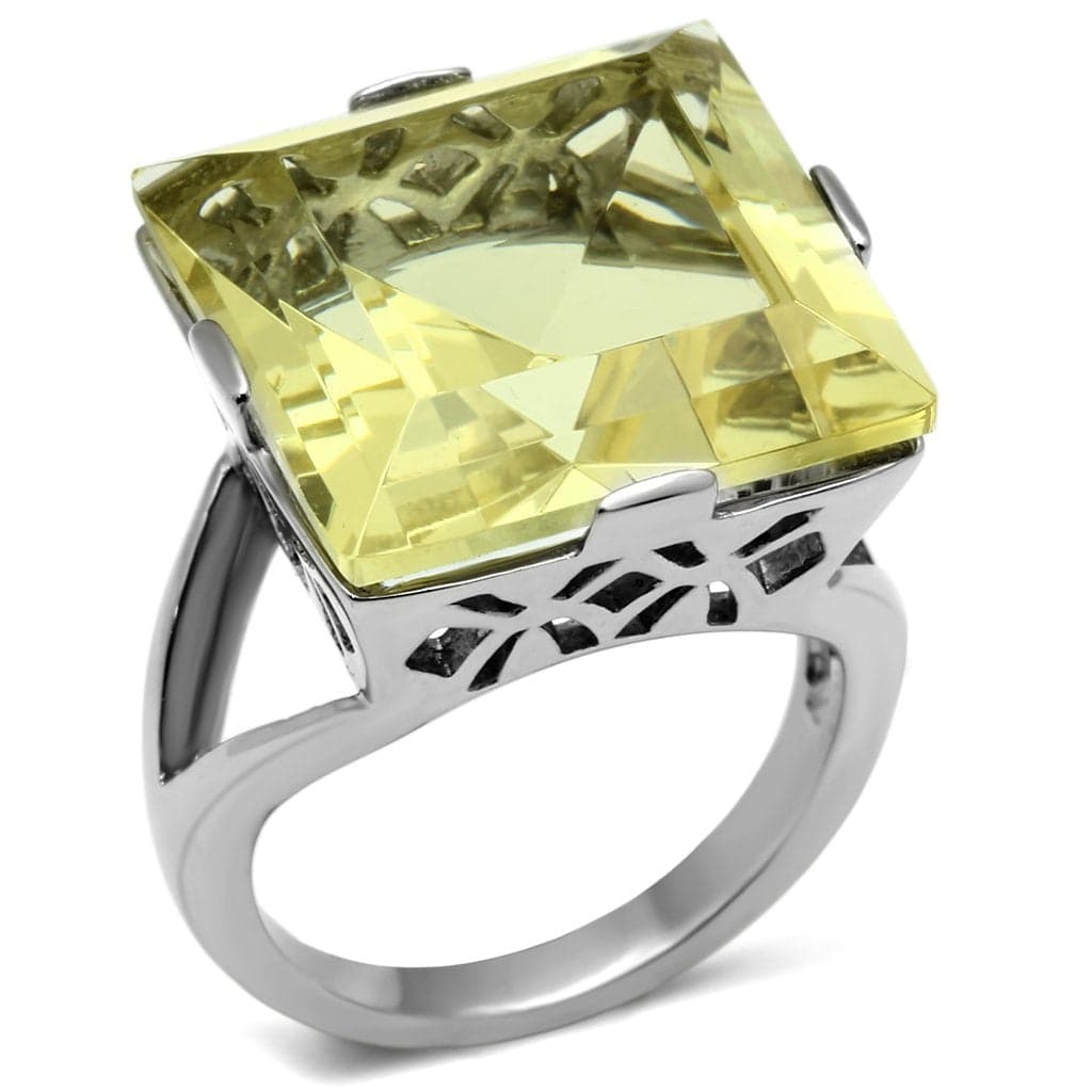 Stainless Steel Silver CZ Princess Yellow Large Filigree Ring