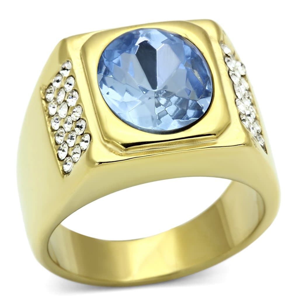 Stainless Steel Gold IP CZ Oval Light Blue CZ Halo Square Ring