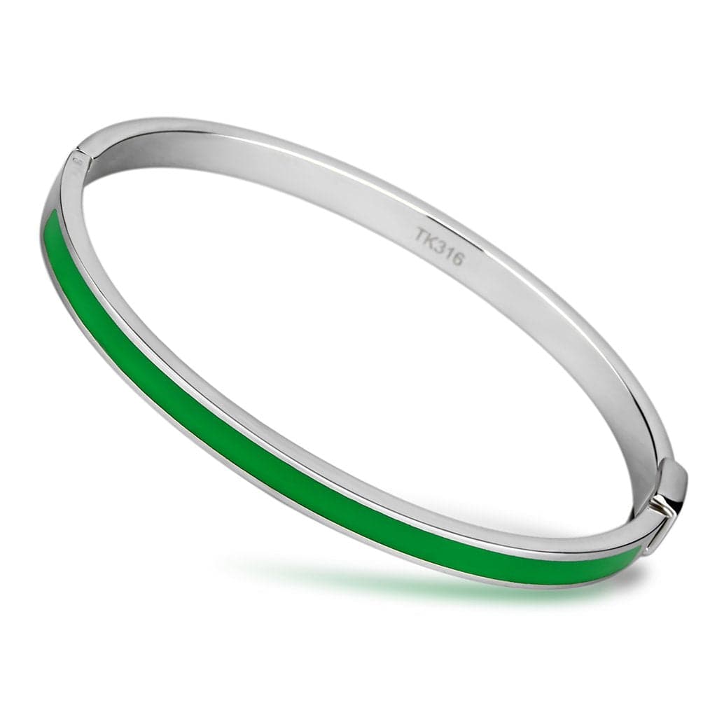 Stainless Steel Silver Green Enamel Hinged Thin Bracelet