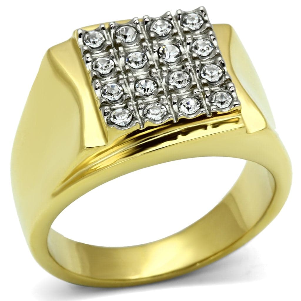 Stainless Steel Gold IP CZ Grid Pave Raised Square Mens Ring