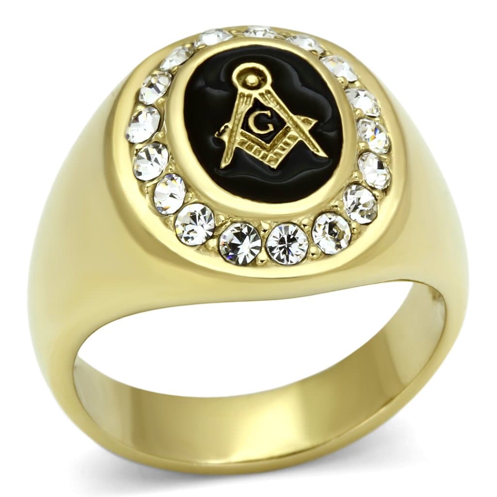 Stainless Steel Gold IP Masonic Round CZ Halo Mens Signet Ring