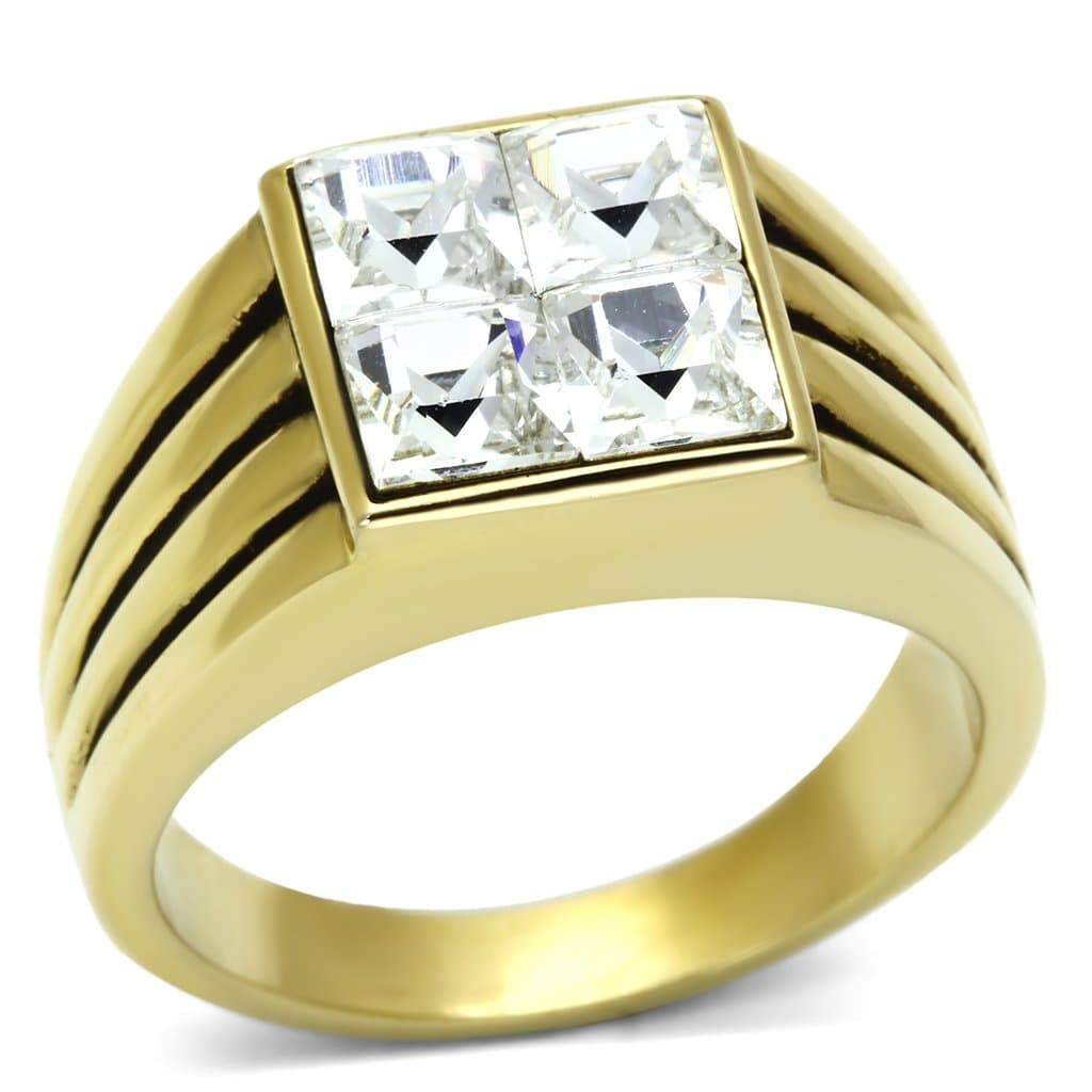 Stainless Steel Gold IP CZ Princess Clear Ribbed Square Mens Ring