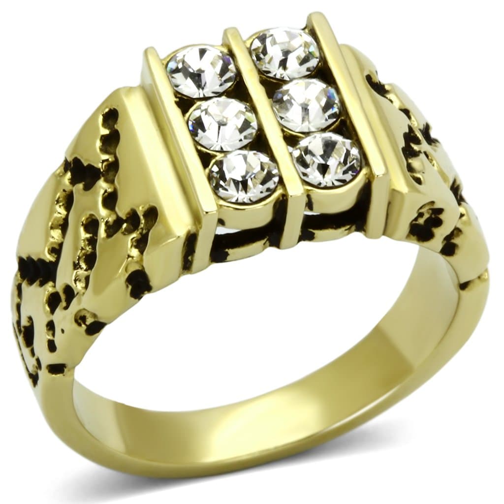 Stainless Steel Gold IP CZ Channel Nugget Wide Mens Ring
