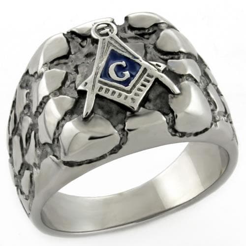Stainless Steel Silver Masonic Nugget Texture Round Mens Ring