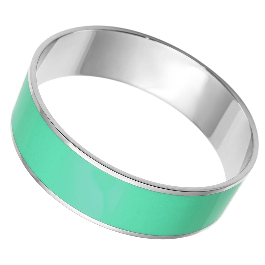 Stainless Steel Silver Teal Enamel Wide Slip On Bracelet