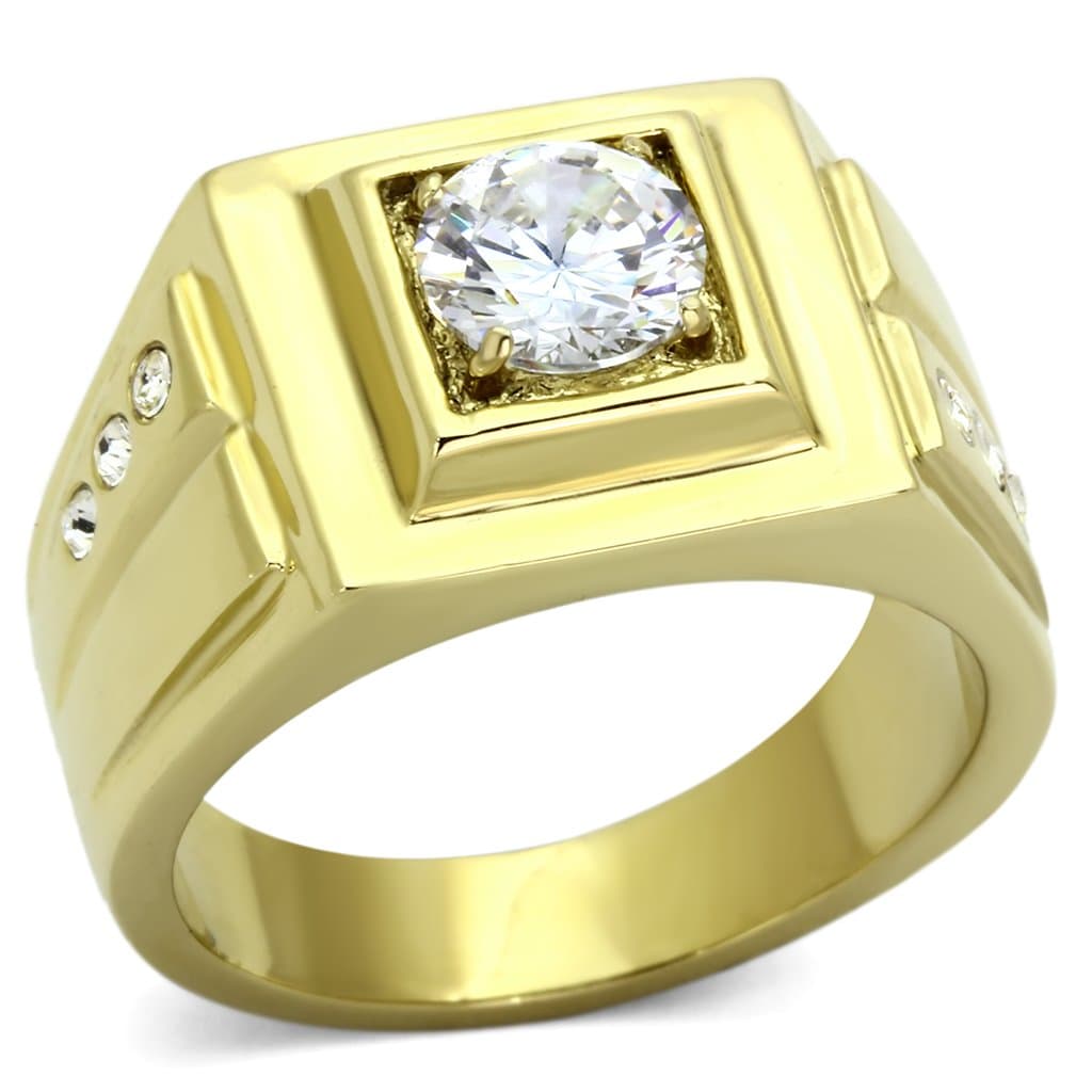 Stainless Steel Gold IP CZ Round Clear Square Bezel Side Ring