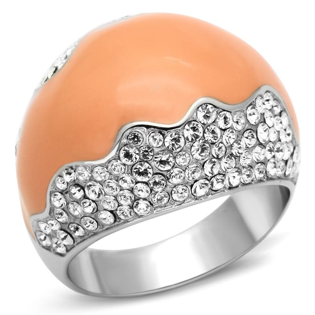 Stainless Steel Silver Peach Enamel Crystal Pave Half Dome Ring