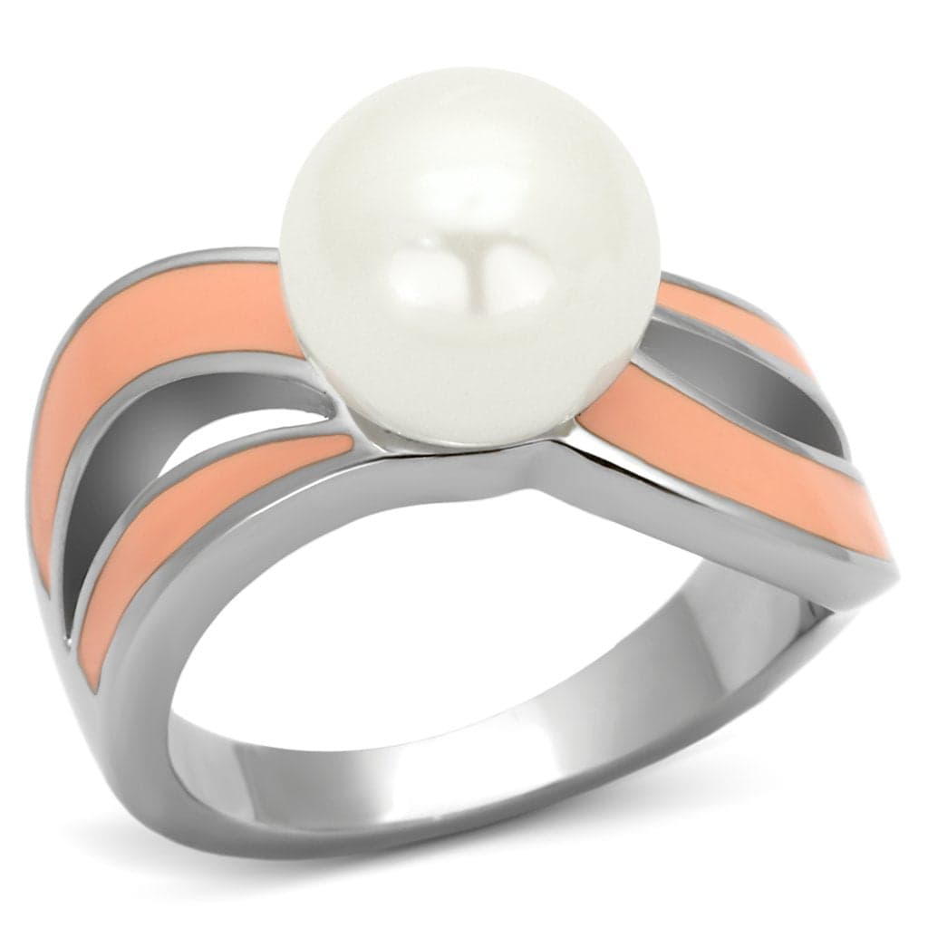 Stainless Steel Silver Peach Enamel Pearl Accent Open Ring