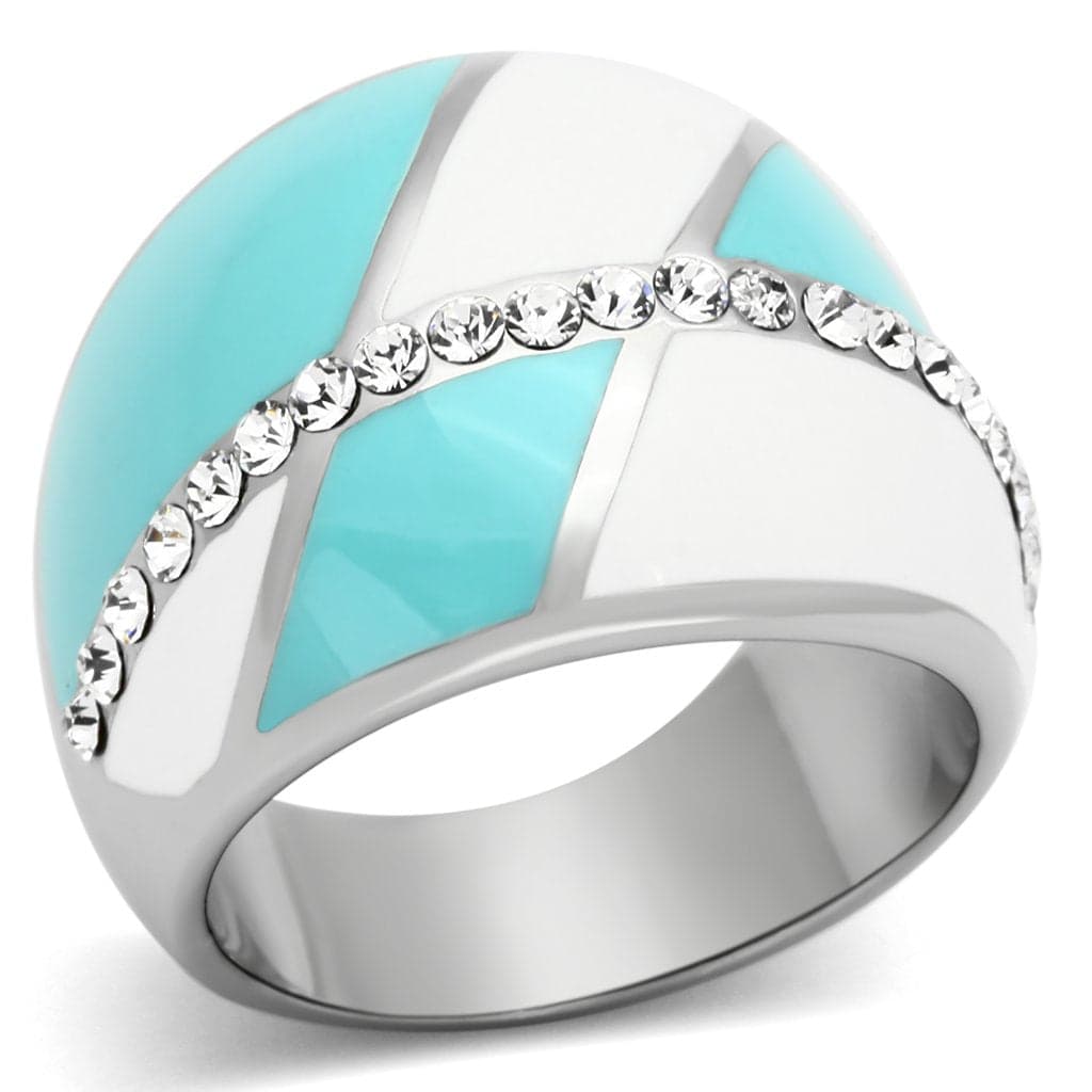Stainless Steel Silver Teal White Enamel CZ Wave Dome Ring