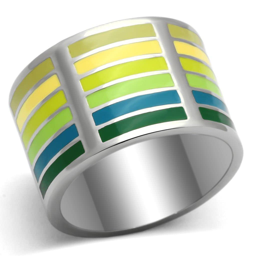 Stainless Steel Silver Yellow Green Enamel Rainbow Stripe Ring