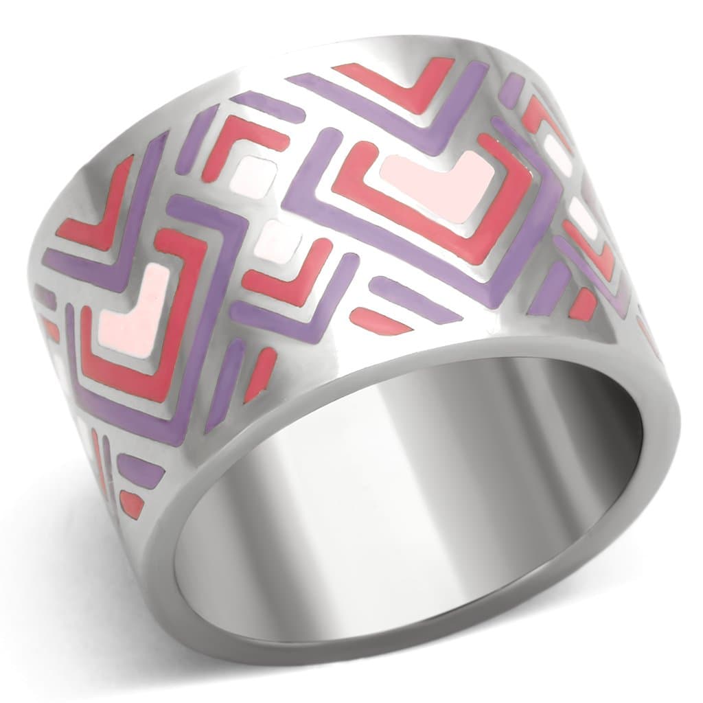 Stainless Steel Silver Pink Purple Geometric Maze Enamel Ring