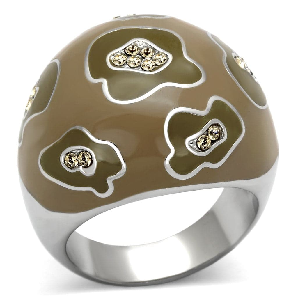 Stainless Steel Silver Brown Enamel Crystal Accent Dome Ring