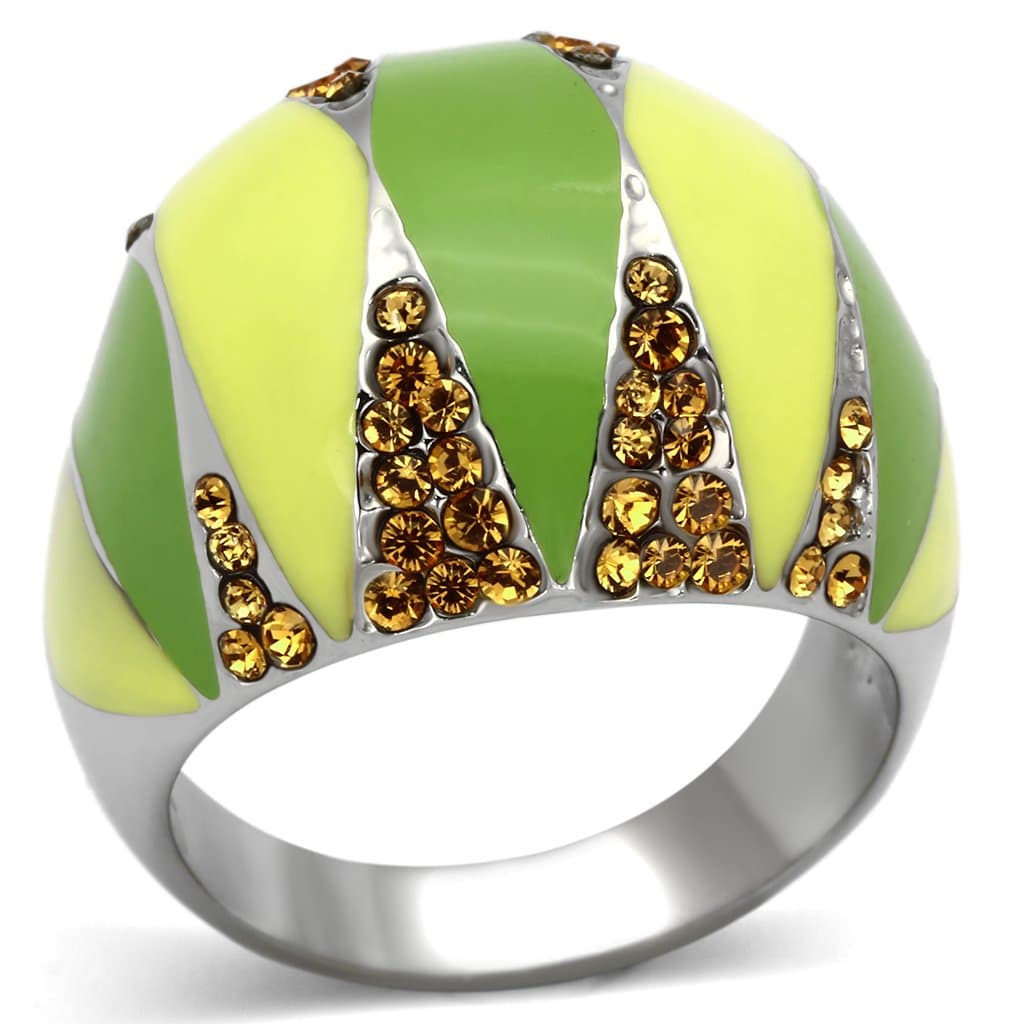Stainless Steel Silver Green Yellow Enamel Amber Crystal Ring