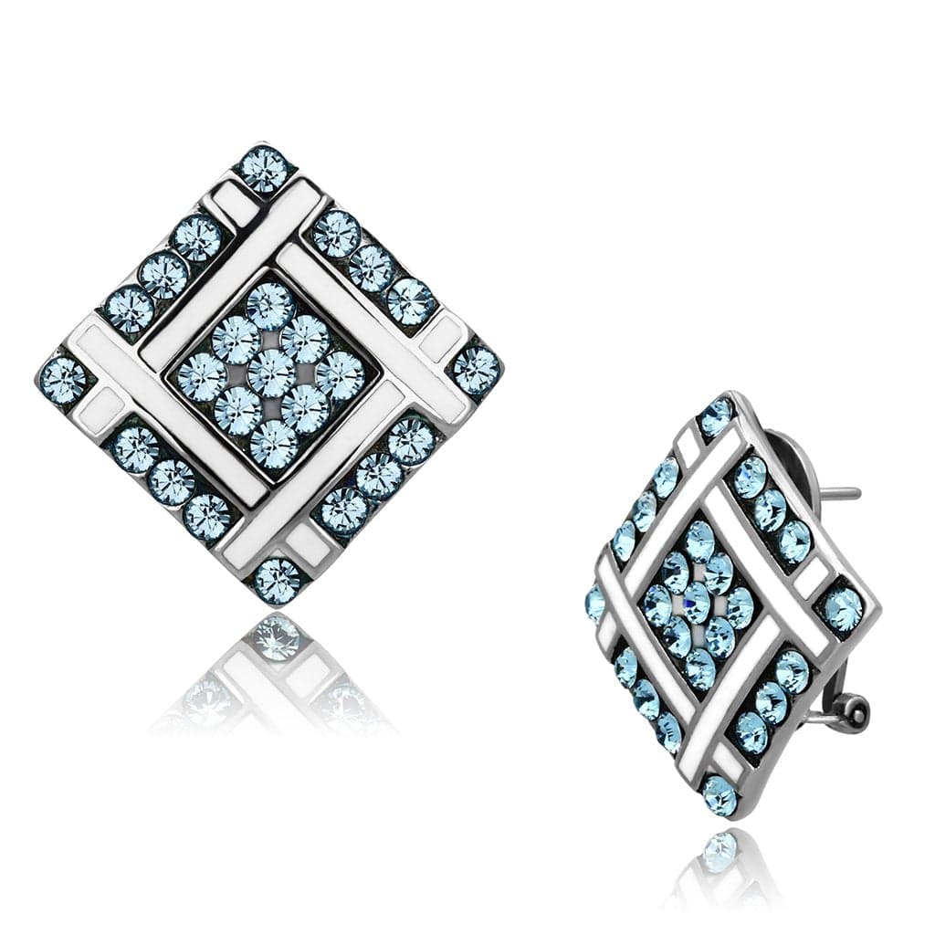 Stainless Steel Silver Aqua Crystal Diamond Shape Stud Earrings