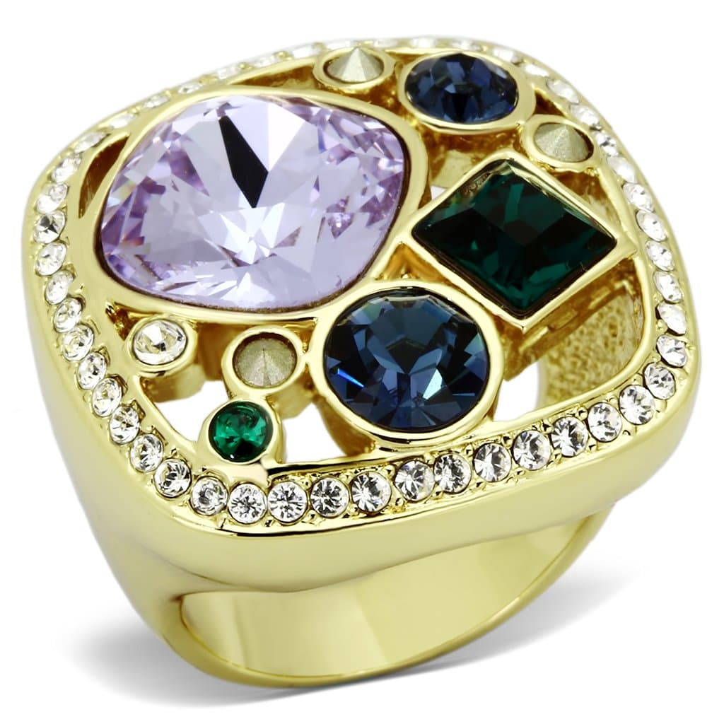 Stainless Steel Silver Multi Color Crystal Cluster Cocktail Ring