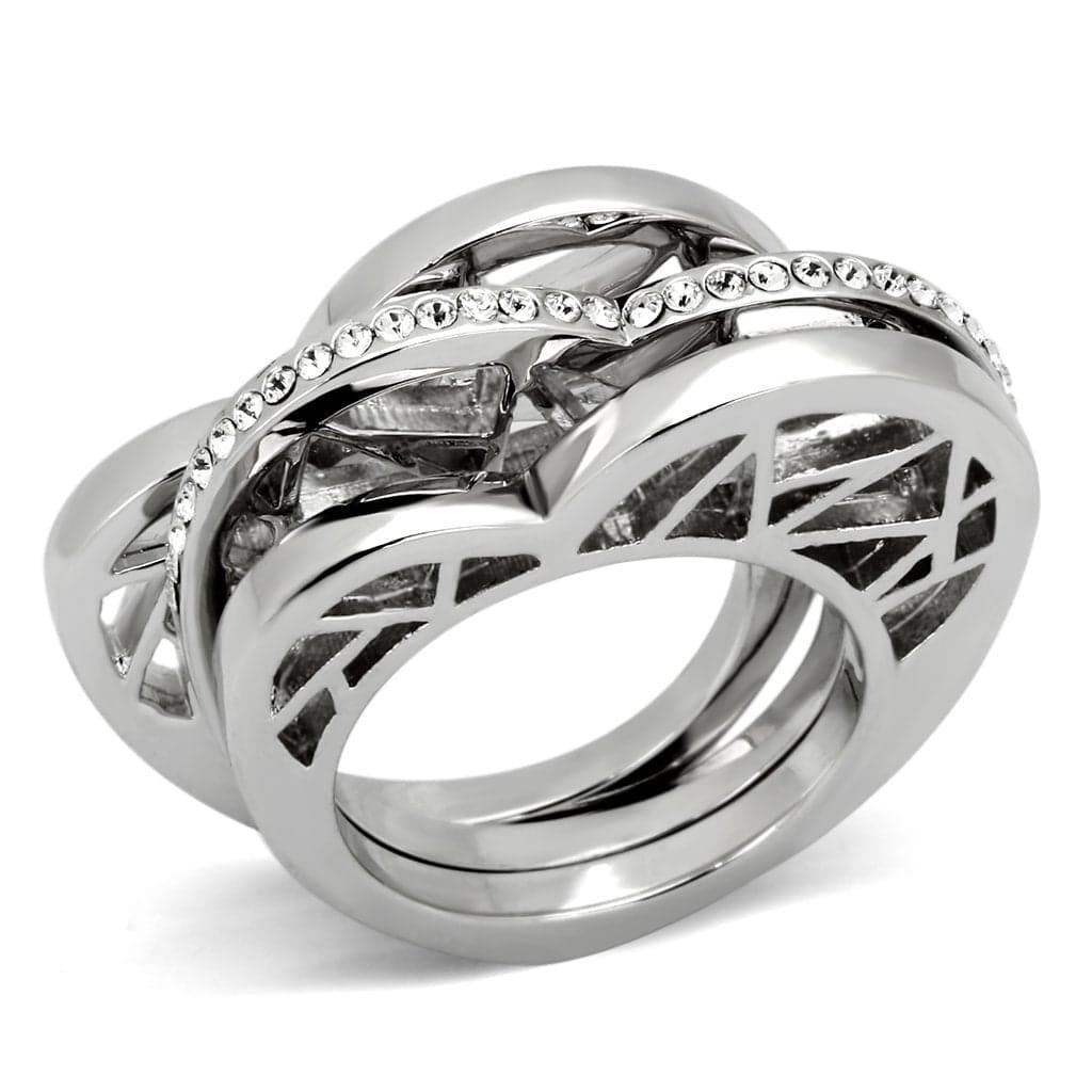 Stainless Steel Silver CZ Open Geometric Cage Wide Ring