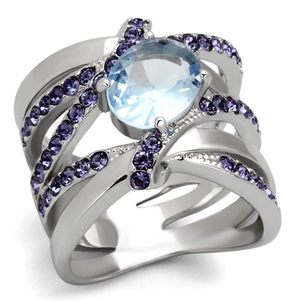 Stainless Steel Silver CZ Cushion Light Blue Purple Pave Ring