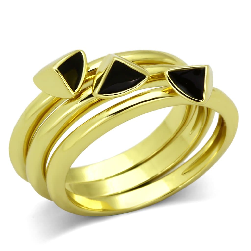 Stainless Steel Gold IP Black Enamel Triangle Accent Stack Ring