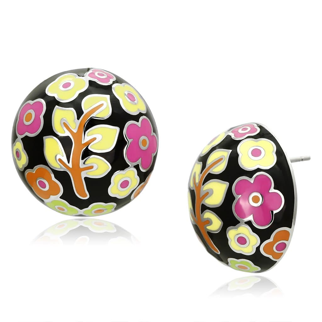 Stainless Steel Silver Black Enamel Multi Color Floral Earrings